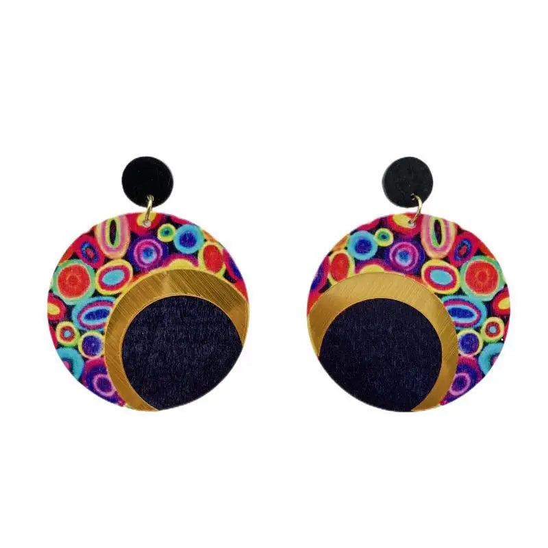 Fashion Exaggerated Round Earrings Printed Colorful Wooden Earrings for Women Ethnic Statement Jewelry Party Wedding Gift